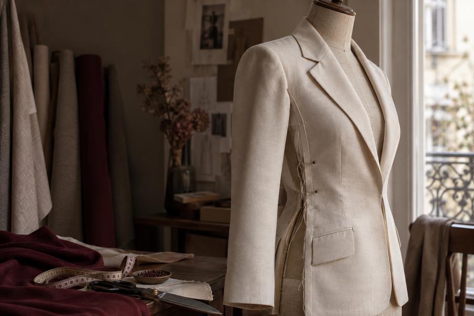 Ajuste de una chaqueta sobre un maniquí Ilustración de una chaqueta marfil sobre un maniquí, con una costura lateral hilvanada y sujeta con alfileres.