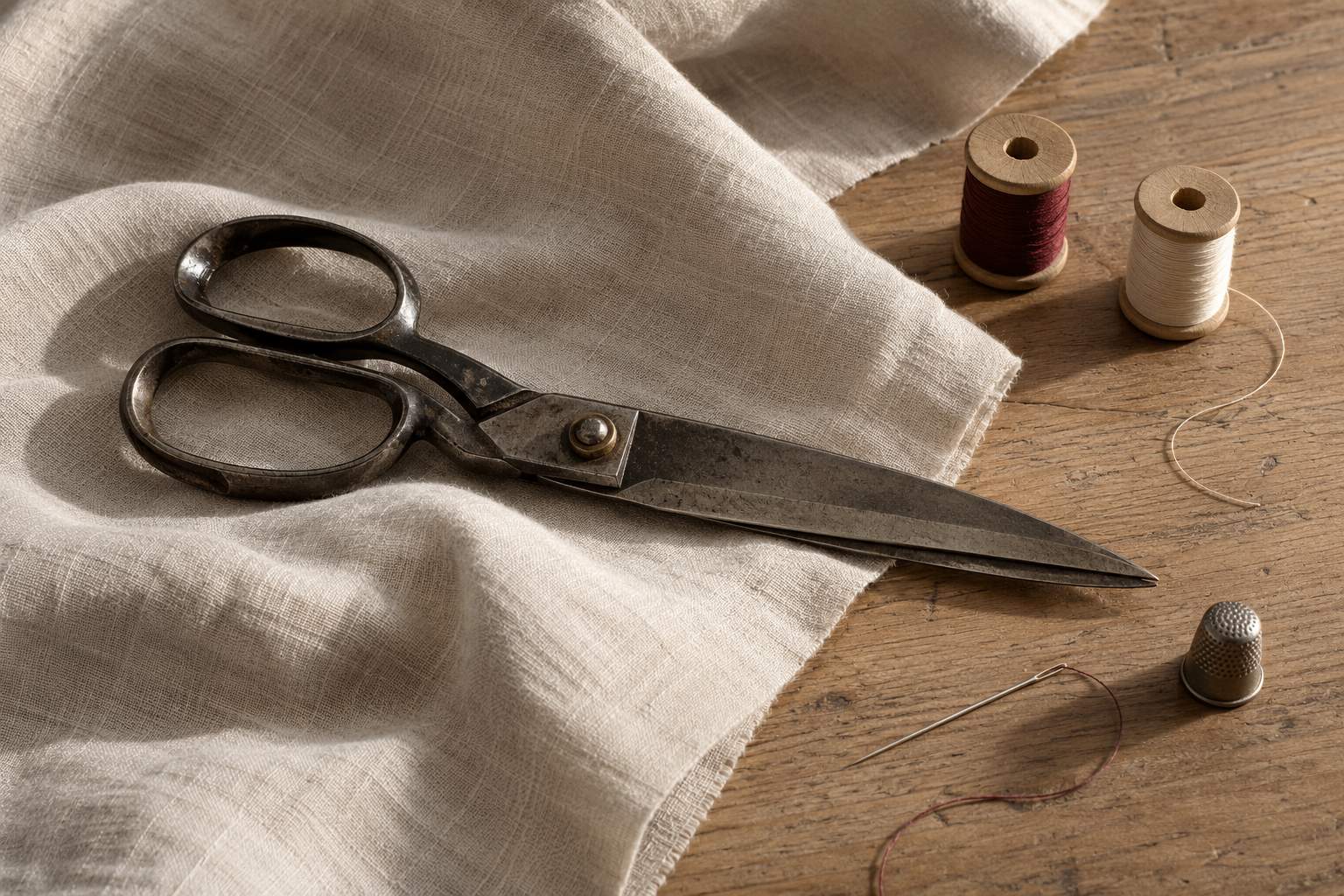 Grands ciseaux de tailleur posés sur du lin, bobines de fil bordeaux et écru, aiguille et dé sur une table en bois.