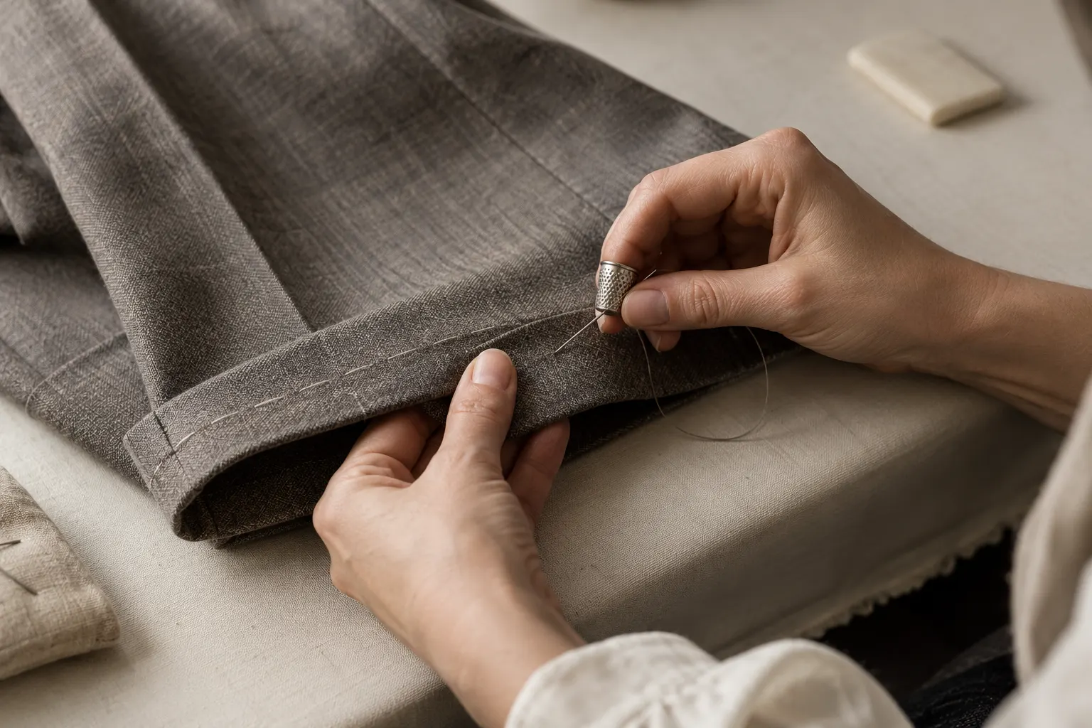 Deux mains, un dé au doigt, cousent à l’aiguille l’ourlet bâti d’un pantalon de laine grise.