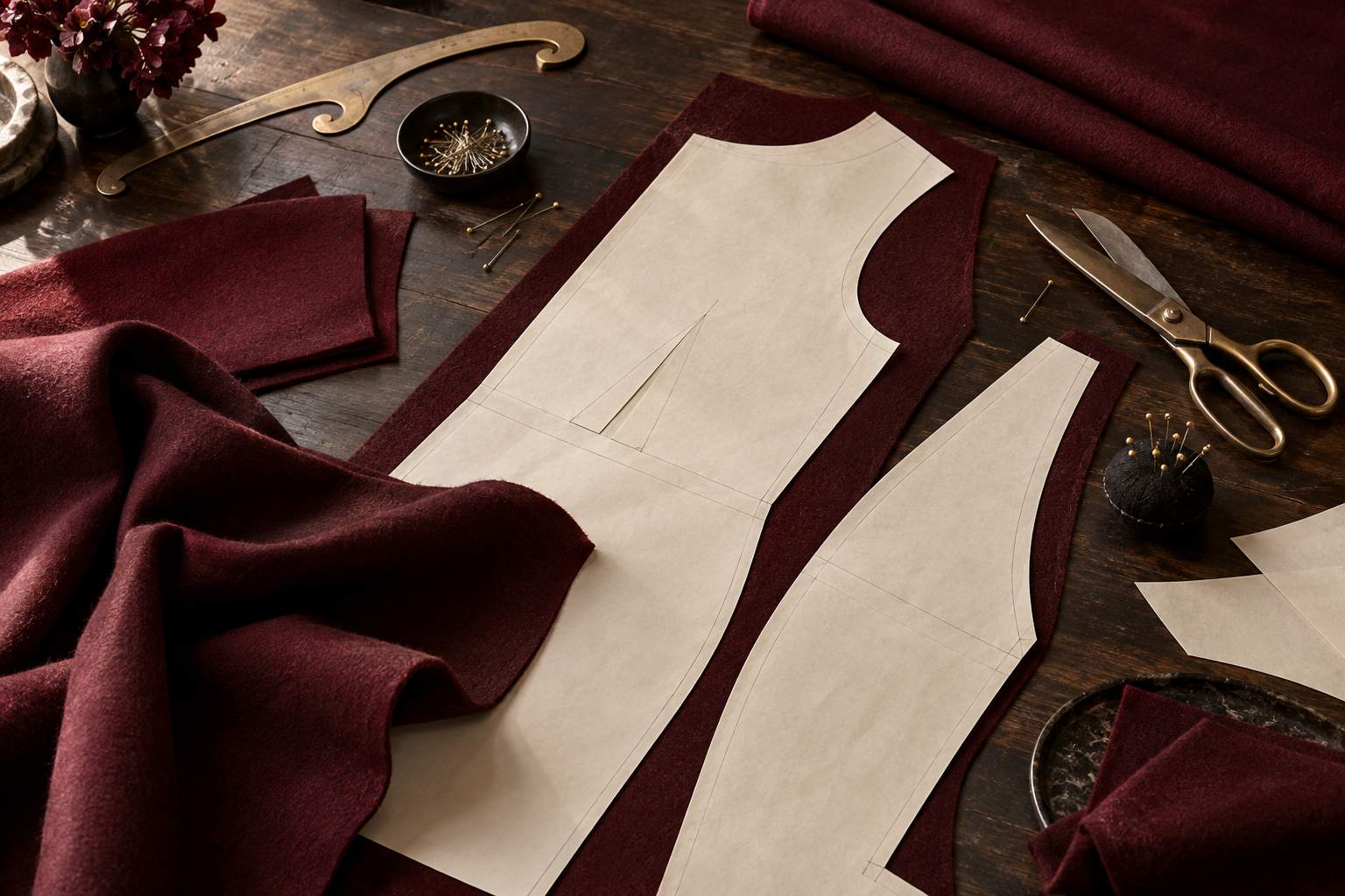 A pattern on burgundy fabric A pattern laid on burgundy fabric, with a ruler and scissors.