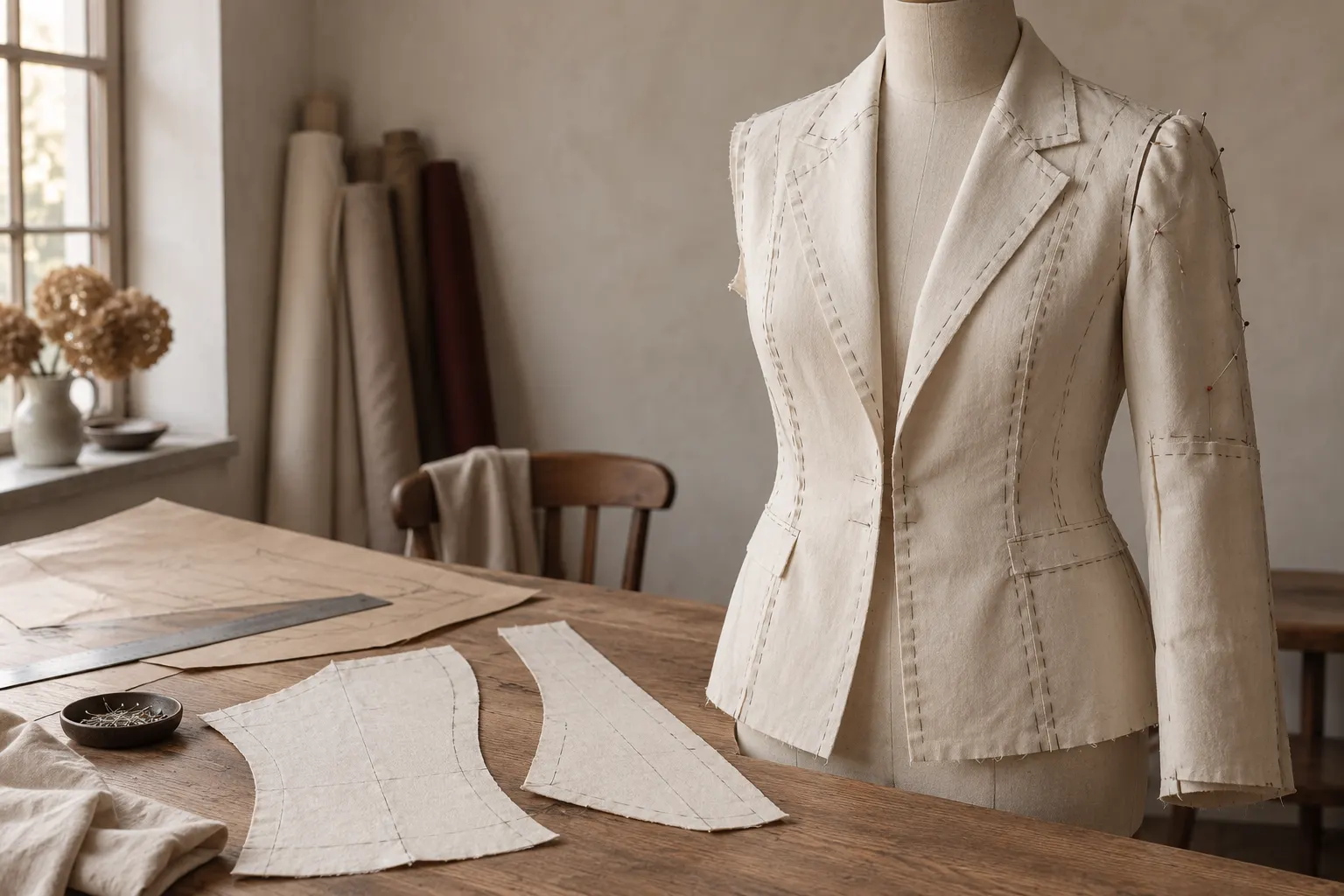 Toile de veste en coton écru, bâtie et épinglée sur un mannequin, à côté de pièces coupées et d’un patron sur la table.