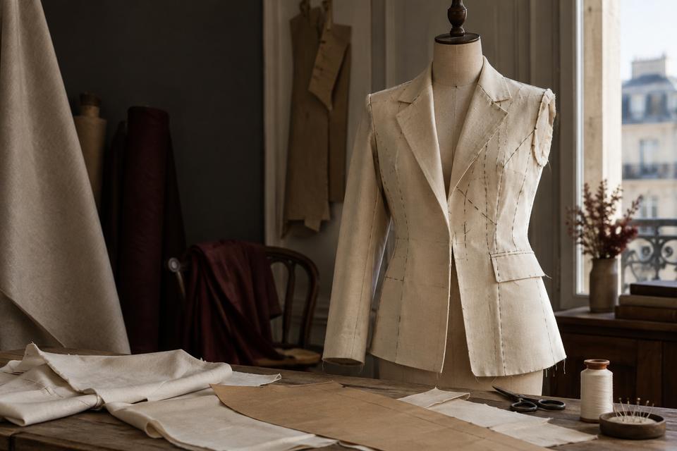 Assembling a calico jacket prototype Illustration of an ecru calico jacket on a dress form, beside pattern pieces on a table.