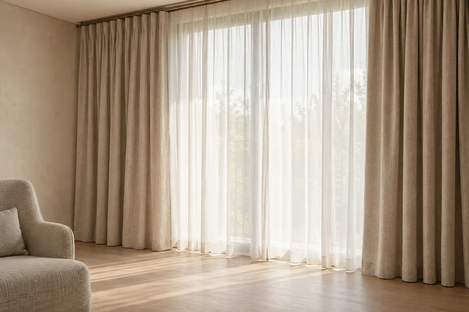 Rideaux de lin beige et voilage ivoire suspendus à une tringle, devant une grande fenêtre lumineuse.