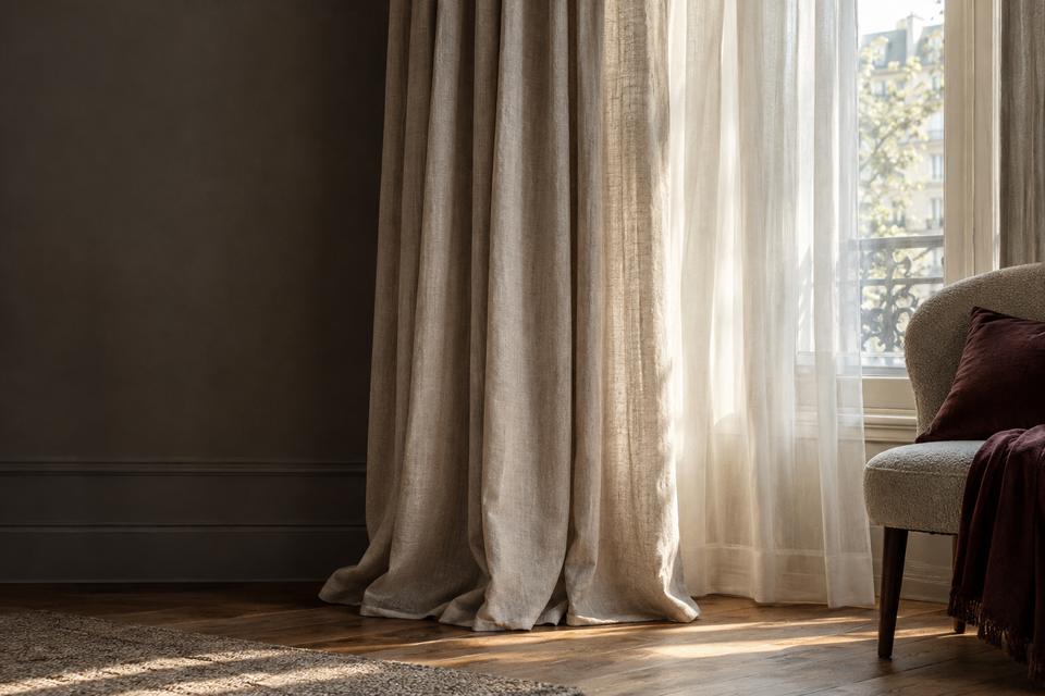 Leinenvorhänge und Gardine im Tageslicht Illustration von beigen Leinenvorhängen und einer hellen Gardine vor einem Fenster.