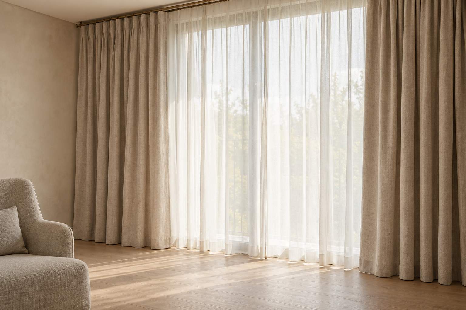 Rideaux de lin beige et voilage ivoire suspendus à une tringle, devant une grande fenêtre lumineuse.