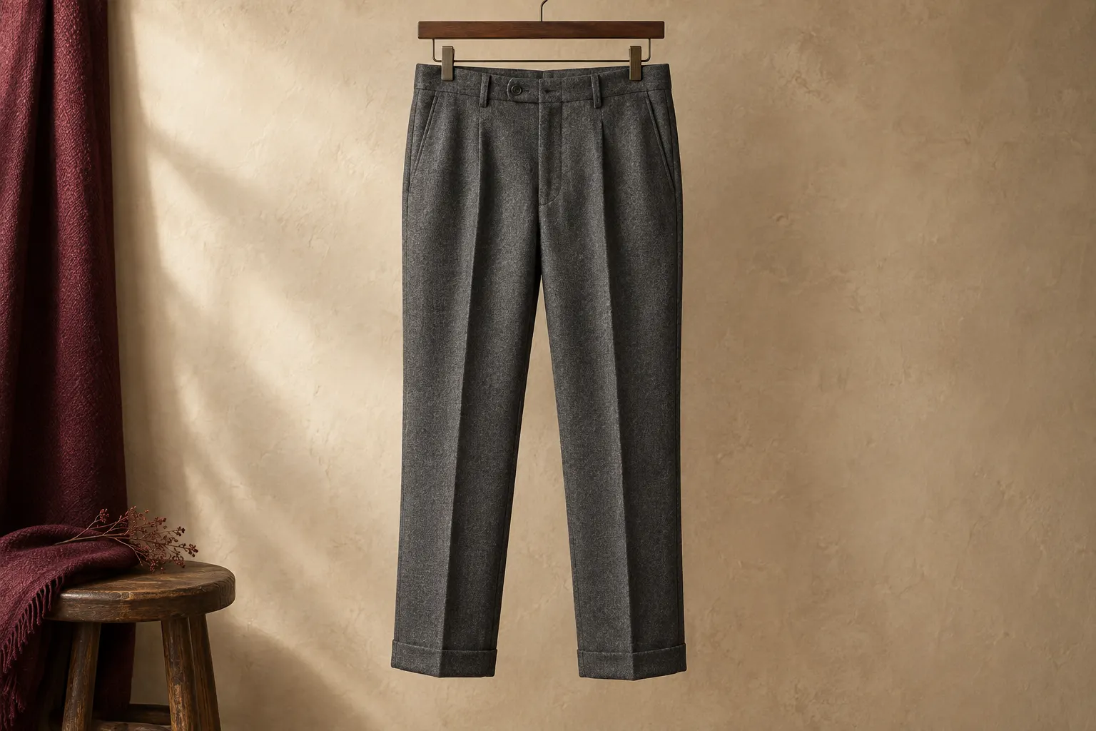Pantalon de laine gris suspendu, ourlets finis.